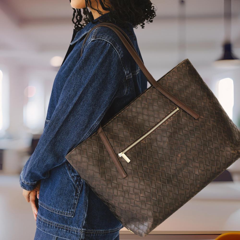 Opus Large Tote in Basketweave Brown Work Tote for Work