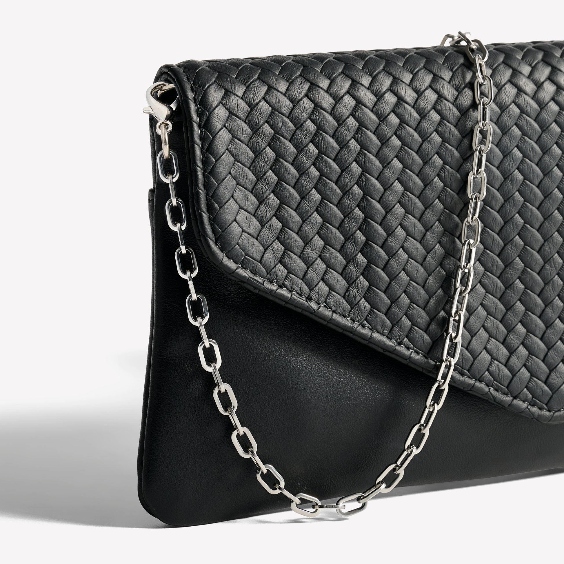 Comodo Envelope Clutch in Woven Black Soft Black Silver Hardware Close