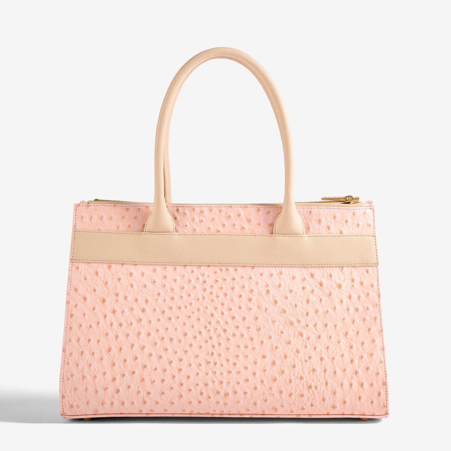 Courante Large Carryall in Ostrich Pink Main Leather Champagne Stripe Leather Handle Gold Hardware Back