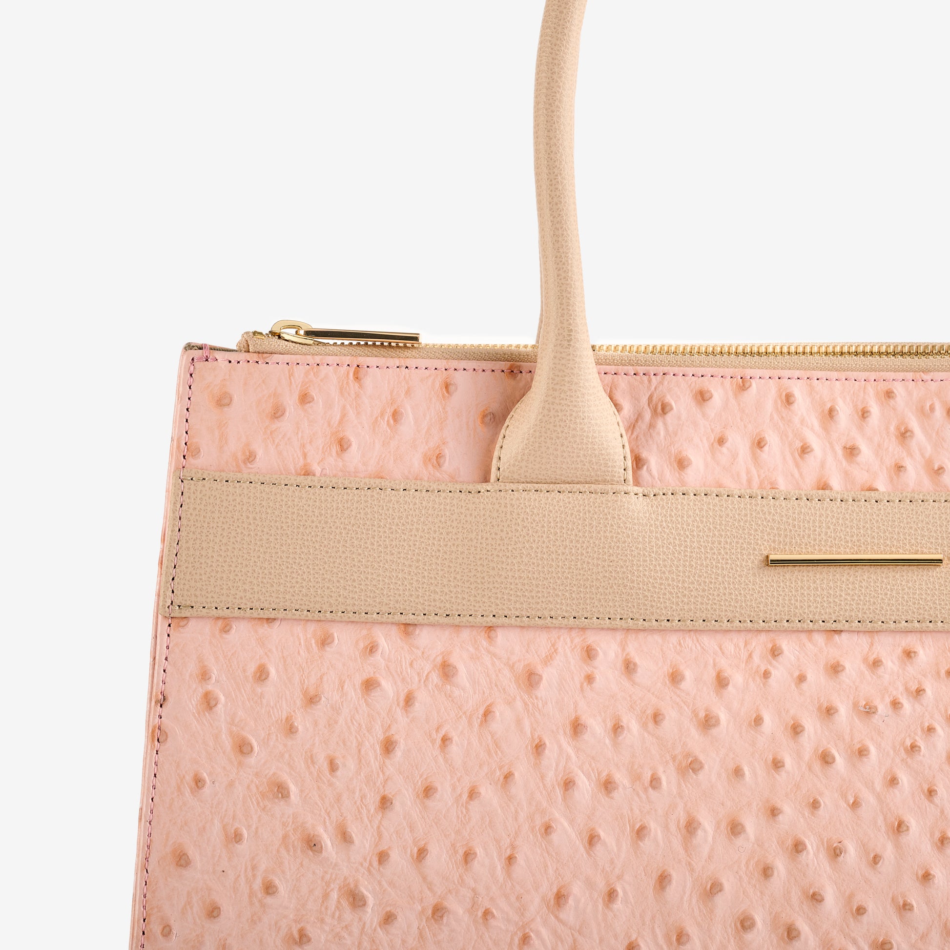 Courante Large Carryall in Ostrich Pink Main Leather Champagne Stripe Leather Handle Gold Hardware Close
