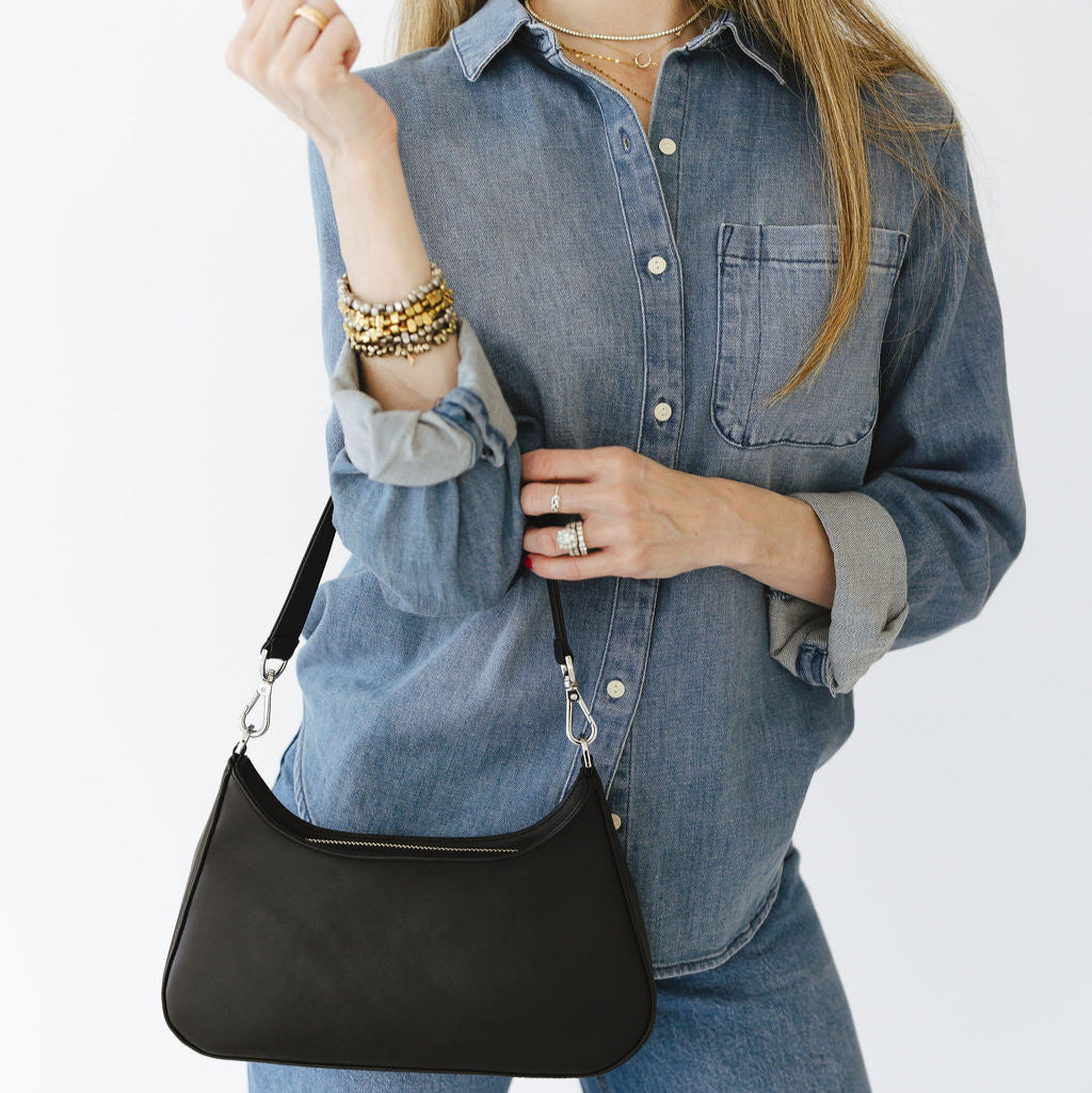 Harmony Shoulder Bag in Smooth Black with Silver Hardware Model on Arm