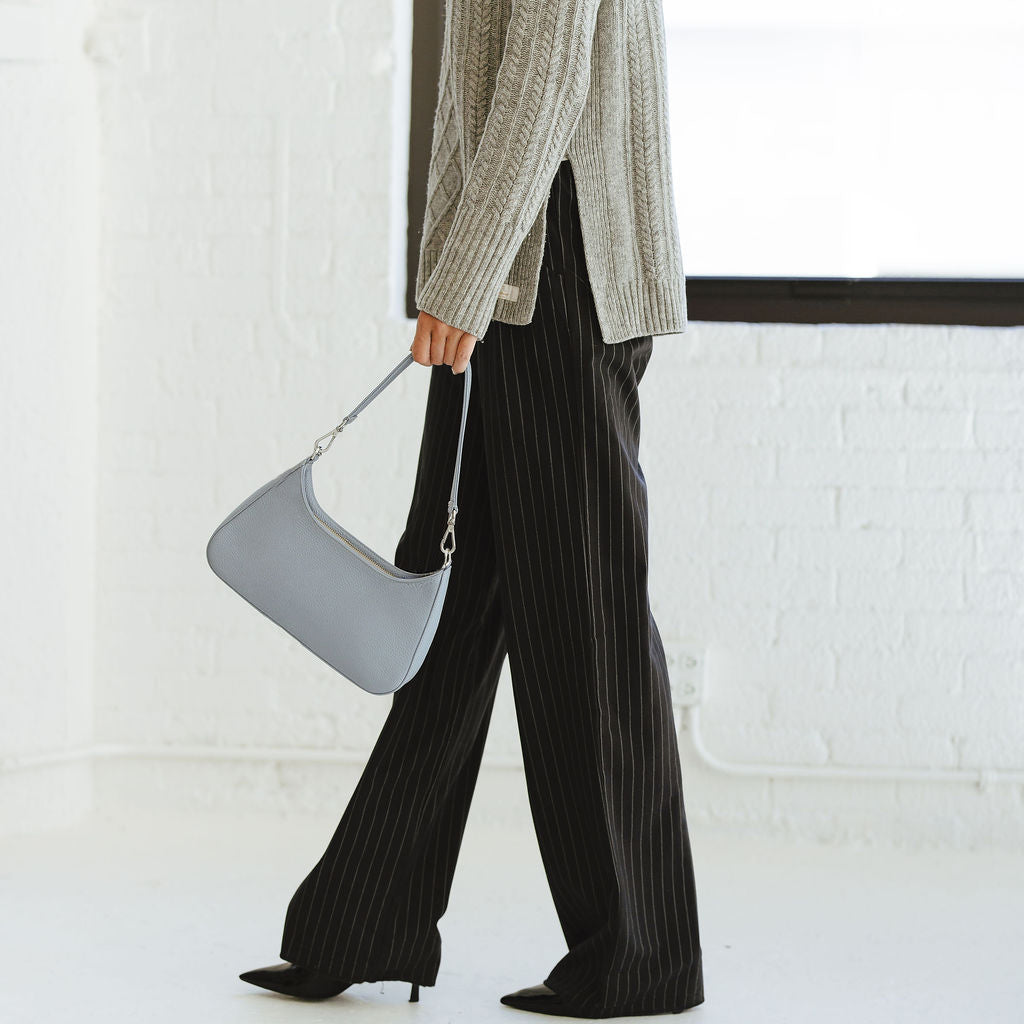Harmony Shoulder Bag in Steel Blue on model walking