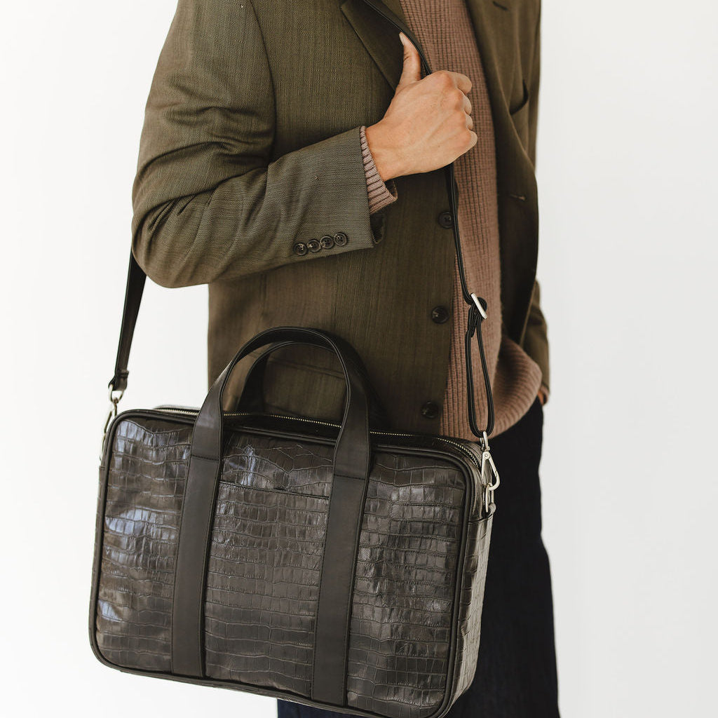 Mosso Briefcase in Croco Black/Black with Shoulder Strap