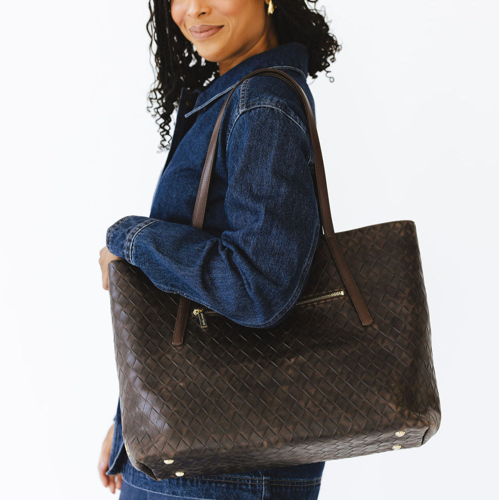 Opus Large Tote in Basketweave Brown Gold Hardware Model Side