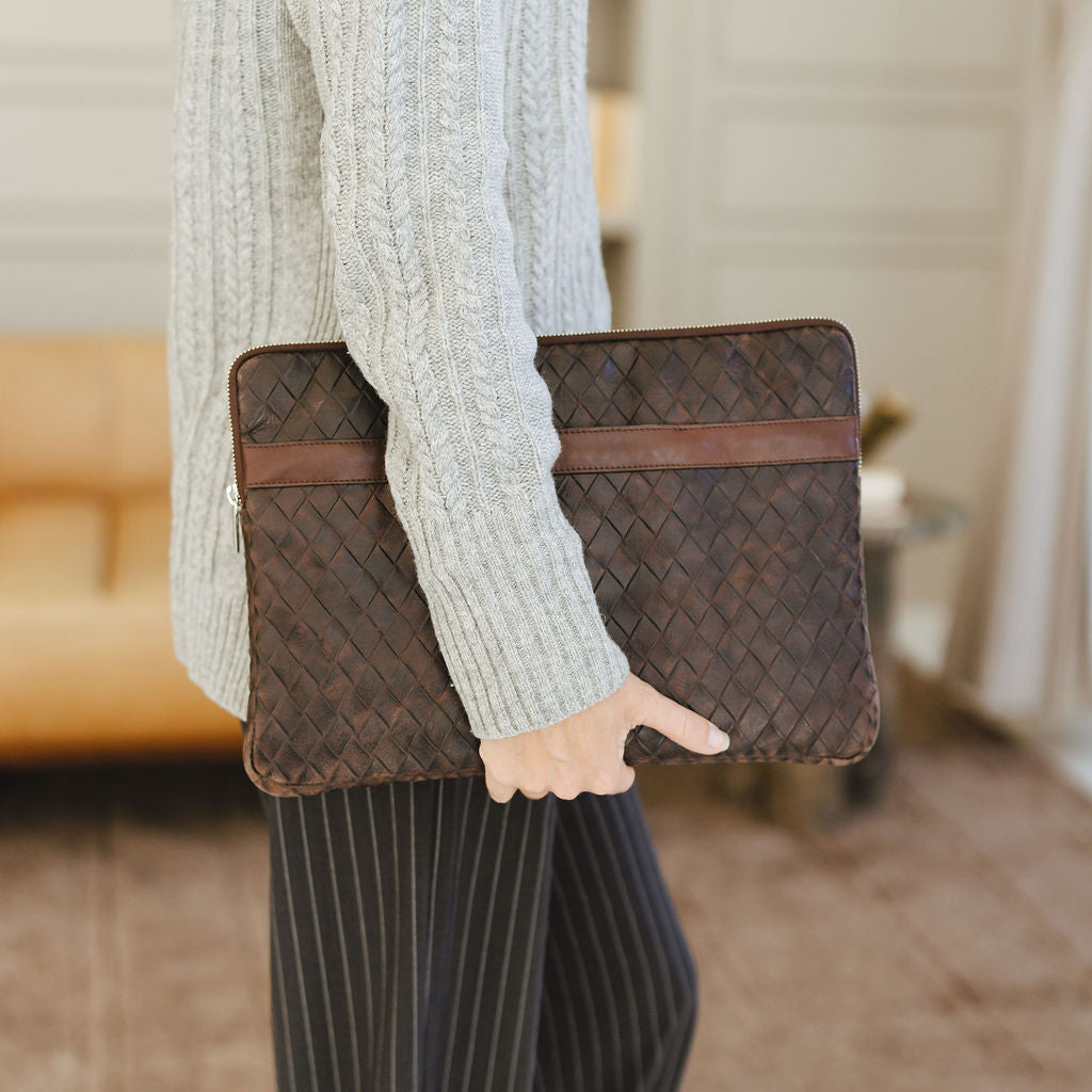 Adagio Laptop Sleeve in Basketweave Brown/Espresso Model Holding