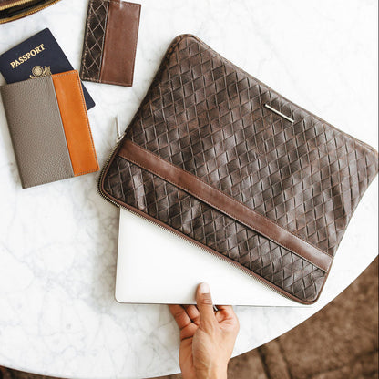 Adagio Laptop Sleeve in Basketweave Brown/Espresso on Table