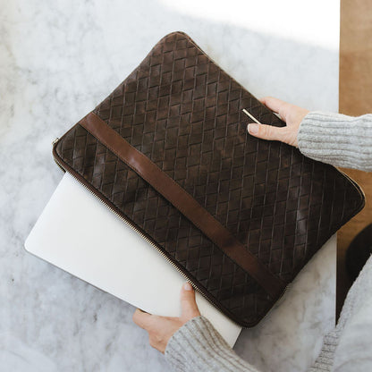 Adagio Laptop Sleeve in Basketweave Brown/Espresso on Table with laptop
