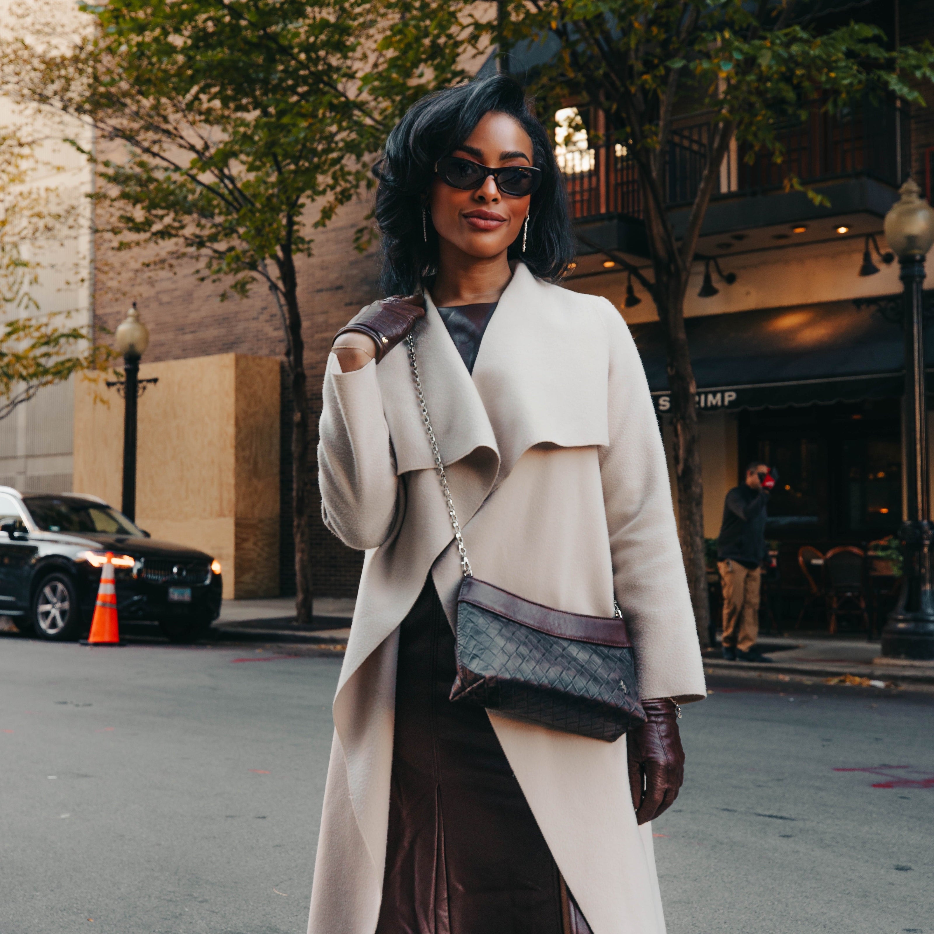 Allegro Crossbody in Basketweave Brown/Espresso model wearing on street