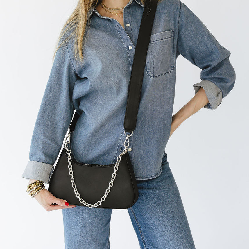 Harmony Crossbody Bag with Chain in Black Leather with Silver Hardware on Model
