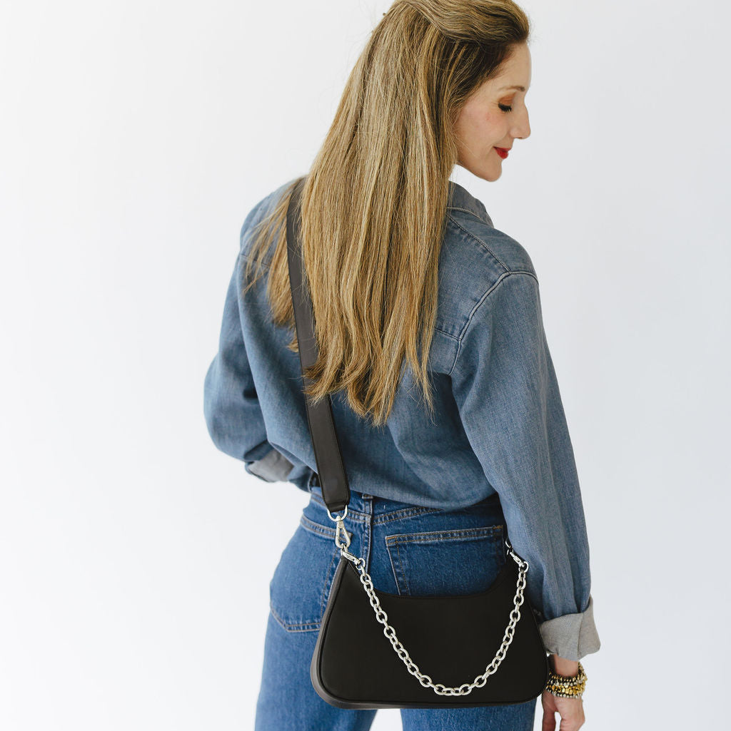 Harmony Crossbody Bag with Chain in Smooth Black and Silver Hardware Model Back