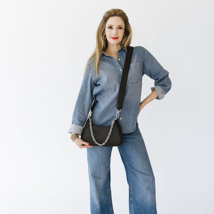 Harmony Crossbody Bag with Chain in Smooth Black and Silver Hardware Model Front