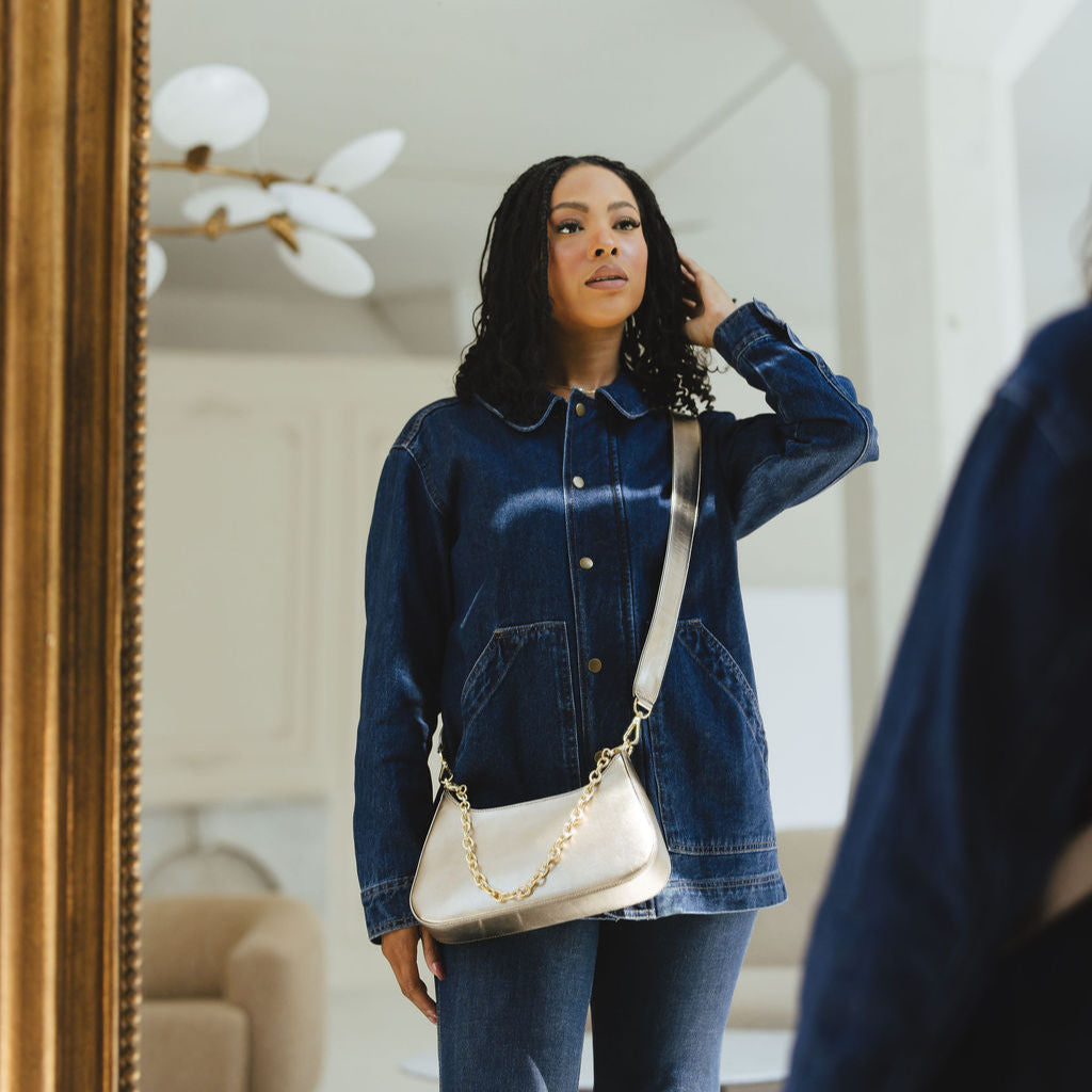 Harmony Crossbody with Chain in Bronze Leather and Gold Hardware Model in Mirror
