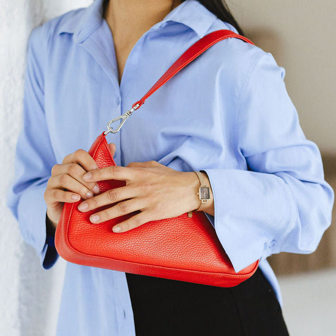 Harmony Shoulder Bag in Lipstick on Model's Shoulder