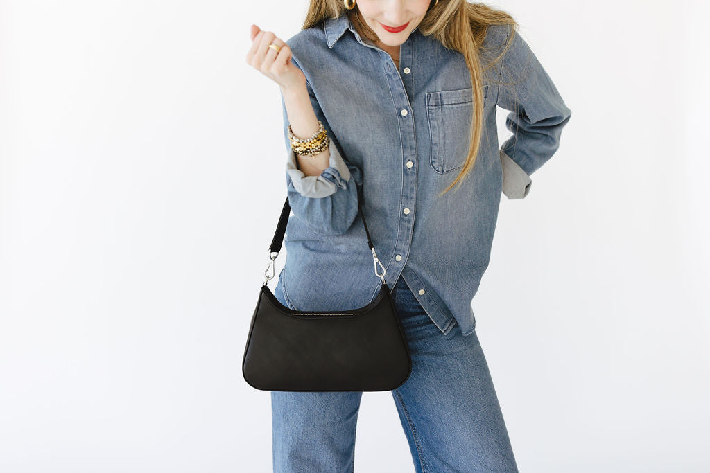 Harmony Shoulder Bag in Smooth Black Leather with Silver Hardware