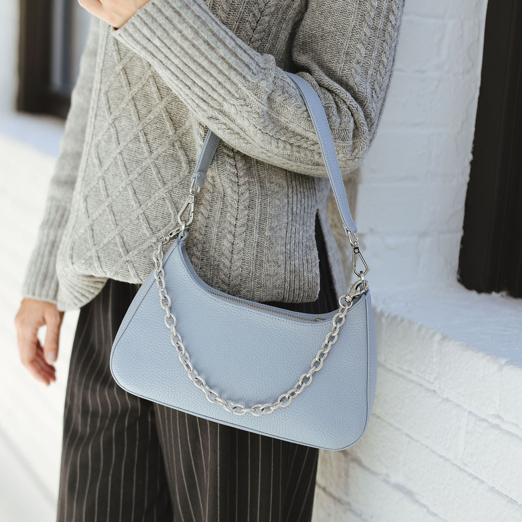 Harmony Shoulder Bag with Chain in Steel Blue on models arm