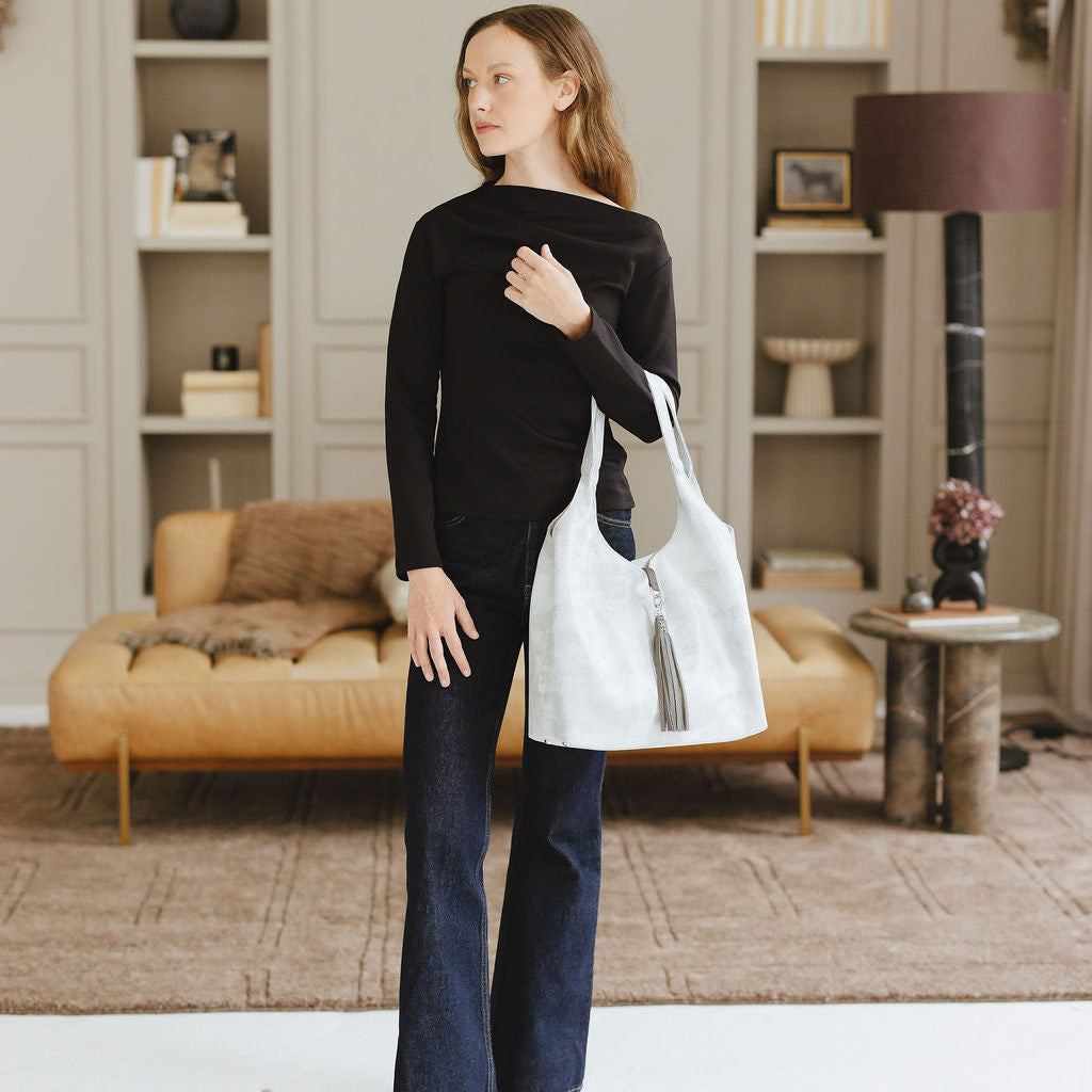 Largo Shoulder Bag in Distressed Metallic Silver on Model's Arm