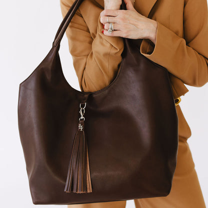 Largo Shoulder Bag in Espresso Leather with Model Close Up