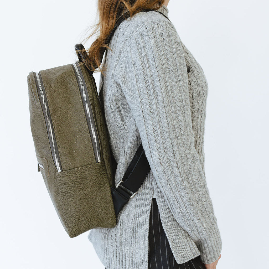 Motto Medium Backpack in Savanna Moss/Black on Female Model Side