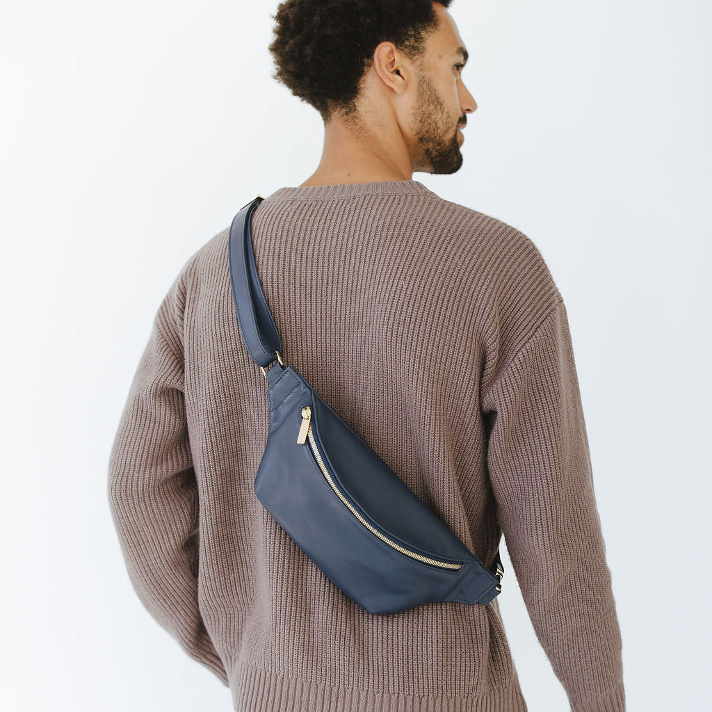 New Belt Bag in Indigo Leather on Model backside