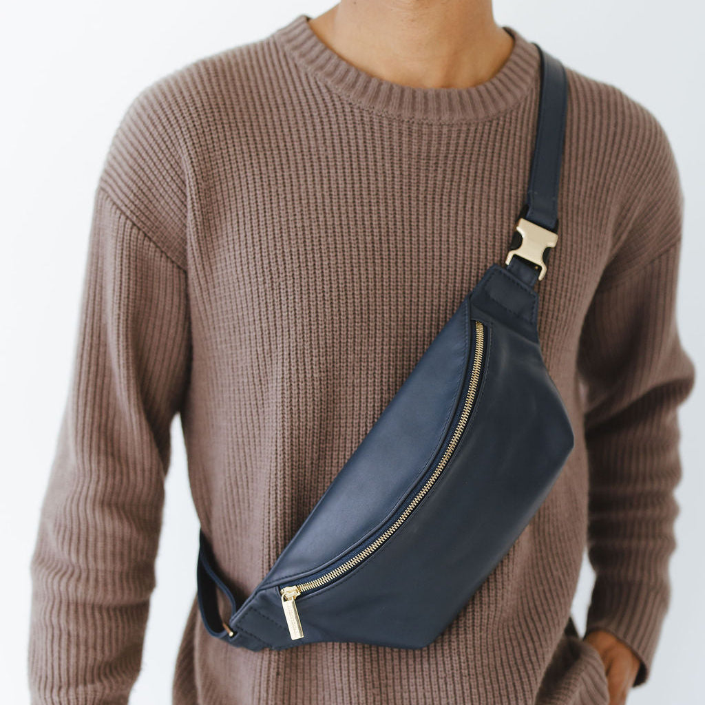 New Belt Bag in Indigo Leather on Model