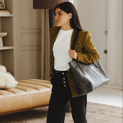 Opus Large Tote in Basketweave Black on Model's Shoulder