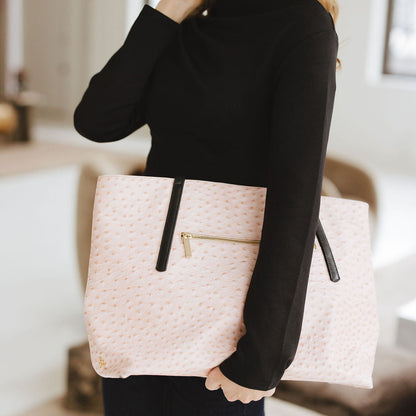 Opus Large Tote in Embossed Ostrich Pink and Black Model Holding