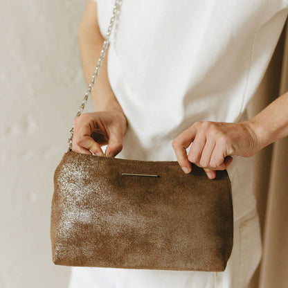 Vivace Crossbody in Jet Set Taupe Model Opening Bag