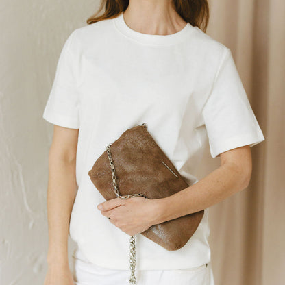 Vivace Crossbody with Chain Strap in Jet Set Taupe Held by Model