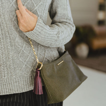 Vivace Crossbody with Chain Strap in Savanna Moss on model closeup