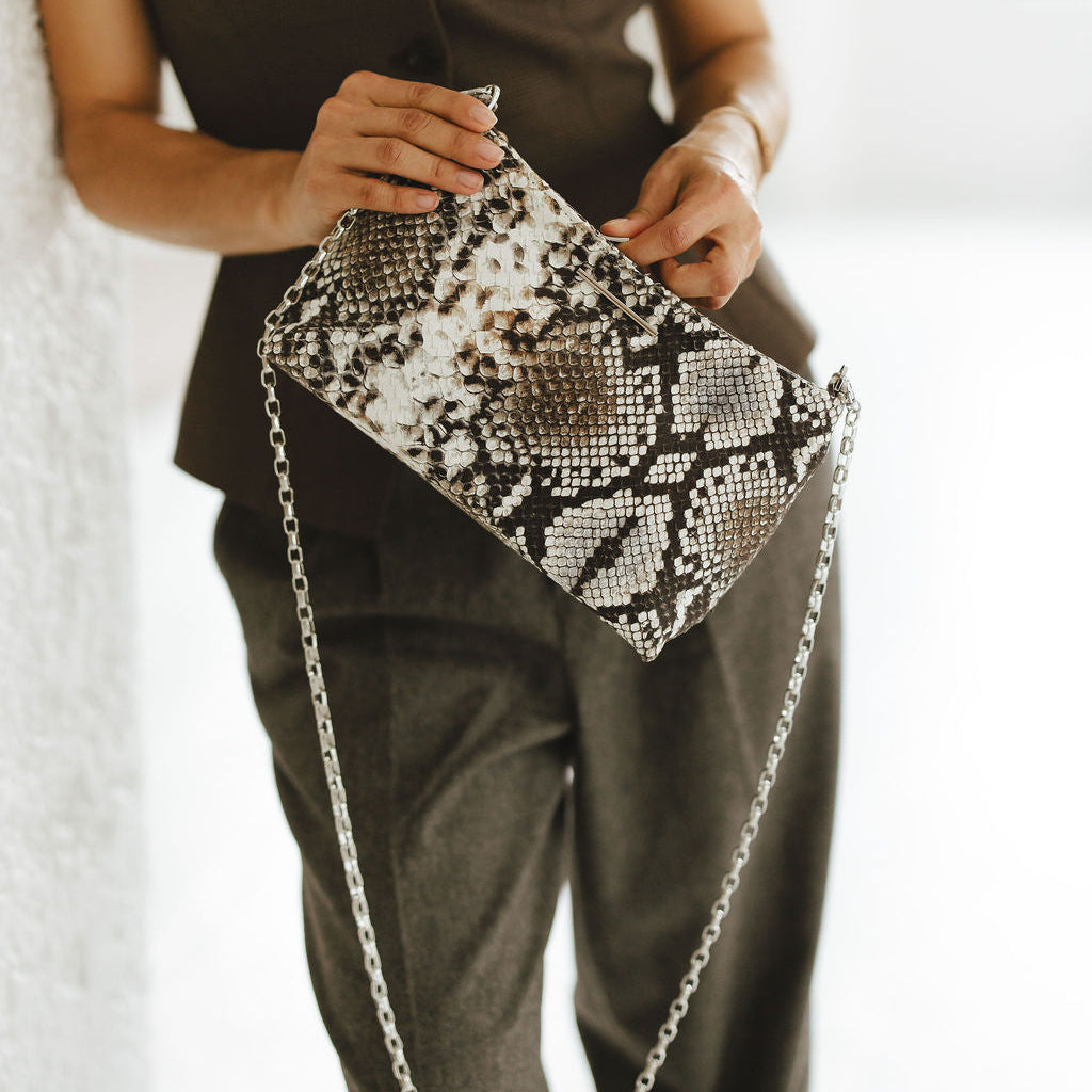 Vivace Crossbody with Chain in Embossed Snake Shadow Model Opening
