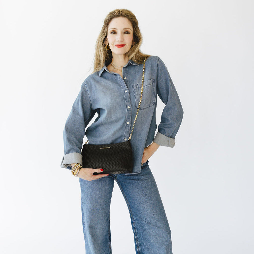 Vivace Crossbody with Chain in Woven Black Leather and Gold Hardware Front Model