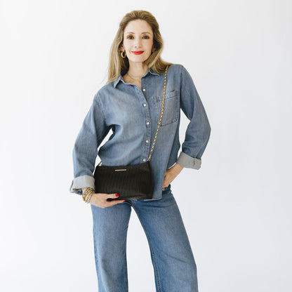 Vivace Crossbody with Chain in Woven Black Leather and Gold Hardware Front Model