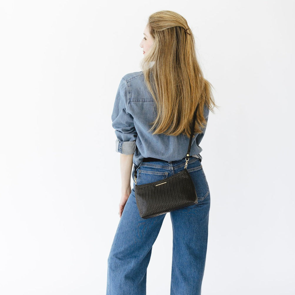 Vivace Crossbody with Leather Strap in Woven Black Gold Hardware Model Back