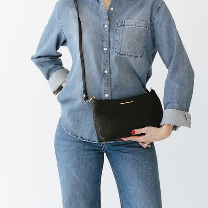 Vivace Crossbody with Leather Strap in Woven Black Gold Hardware Model Closeup