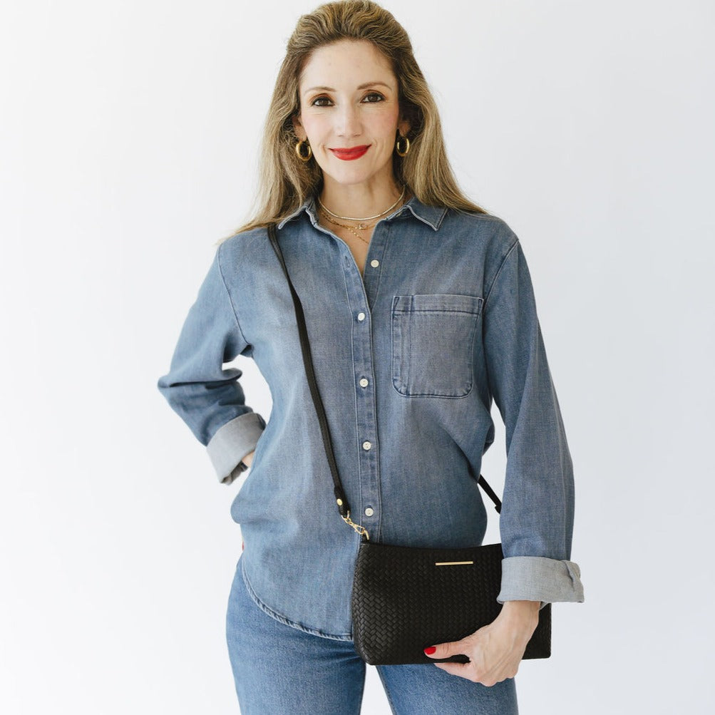 Vivace Crossbody with Leather Strap in Woven Black Gold Hardware Model Front