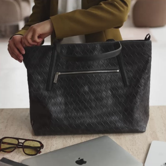 Opus Large Tote Bag in Basketweave Black What Fits Video