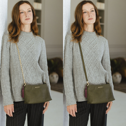 Vivace in Savanna Moss on Model with Chain and Leather Strap