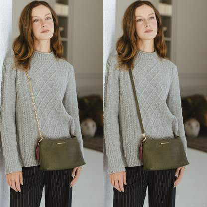 Vivace in Savanna Moss on Model with Chain and Leather Strap